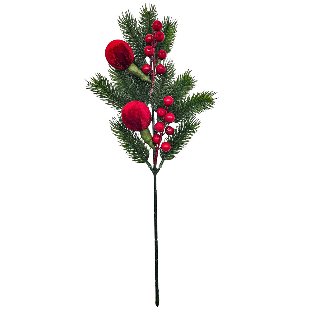 PICK NATALINO FOLHAGEM COM BOLAS VM CAMURCA E AZEVINHOS PREMIUM 45CM