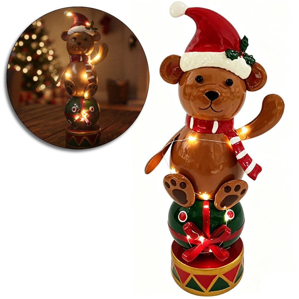 ENFEITE DE METAL TAMBOR BOLA URSO COM MICRO LED A PILHA PREMIUM 37,3X14X11,5CM