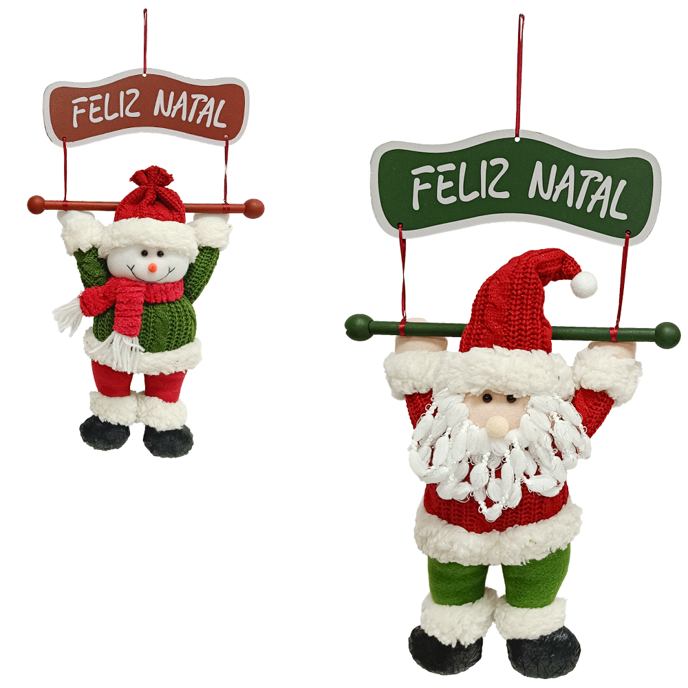 ENFEITE PAPAI NOEL / BONECO DE NEVE DE PELUCIA COM PLACA FELIZ NATAL VD / VM 45X29CM