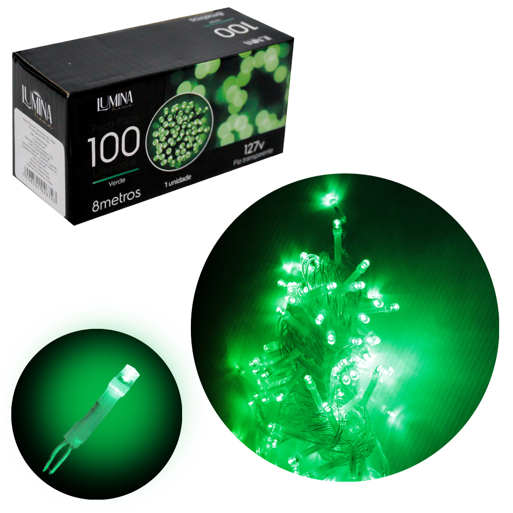 PISCA 100 LEDS VERDE 127V 60HZ 8 FUNCOES 8M FIO TRANSPARENTE LUMINA HOME