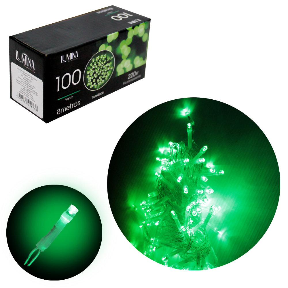 PISCA 100 LEDS VERDE 220V 50HZ 8 FUNCOES 8M FIO TRANSPARENTE LUMINA HOME