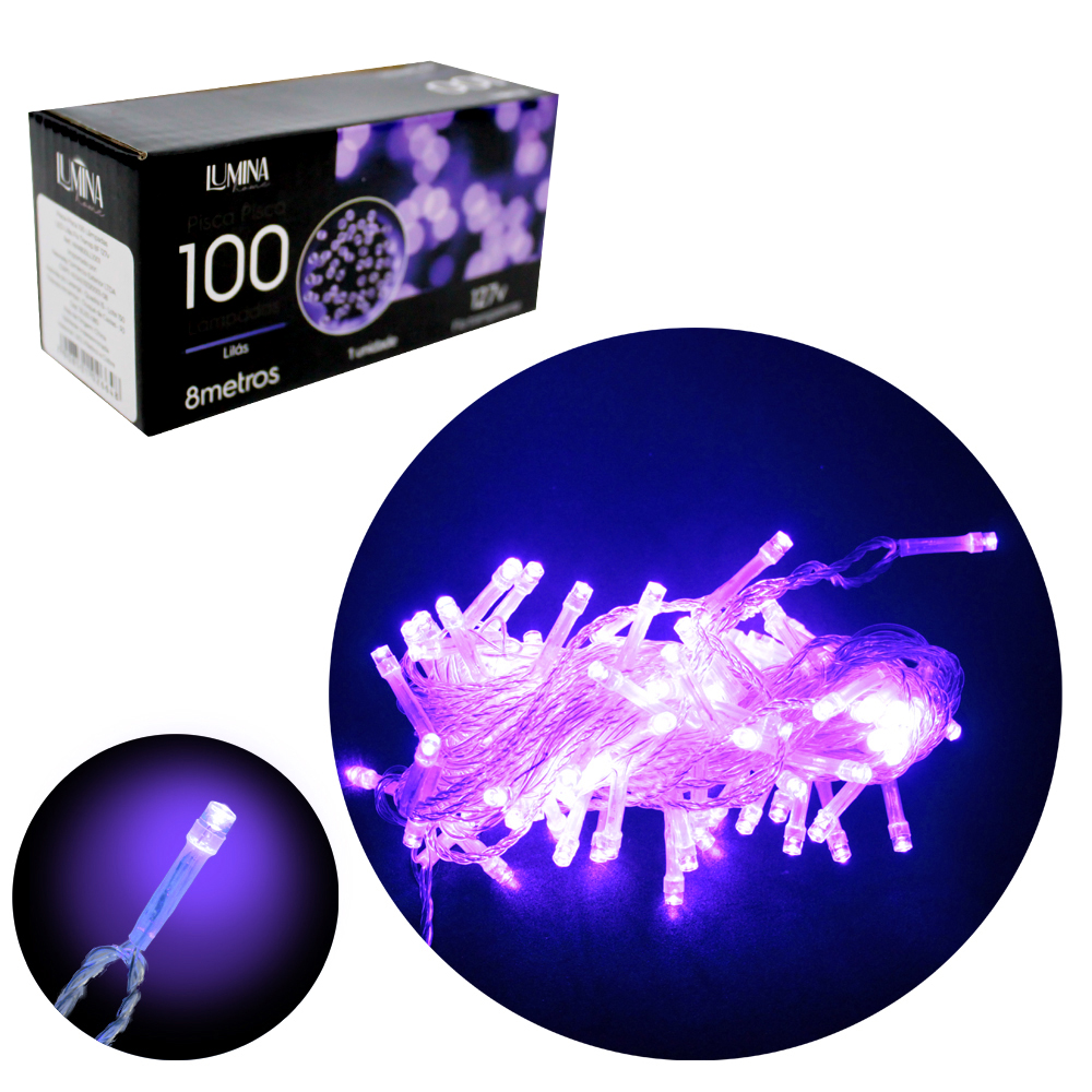 PISCA 100 LEDS LILAS 127V 60HZ 8 FUNCOES 8M FIO TRANSPARENTE LUMINA HOME