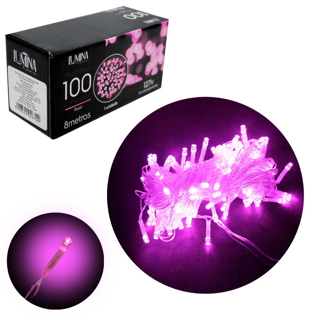 PISCA 100 LEDS ROSA 127V 60HZ 8 FUNCOES 8M FIO TRANSPARENTE LUMINA HOME