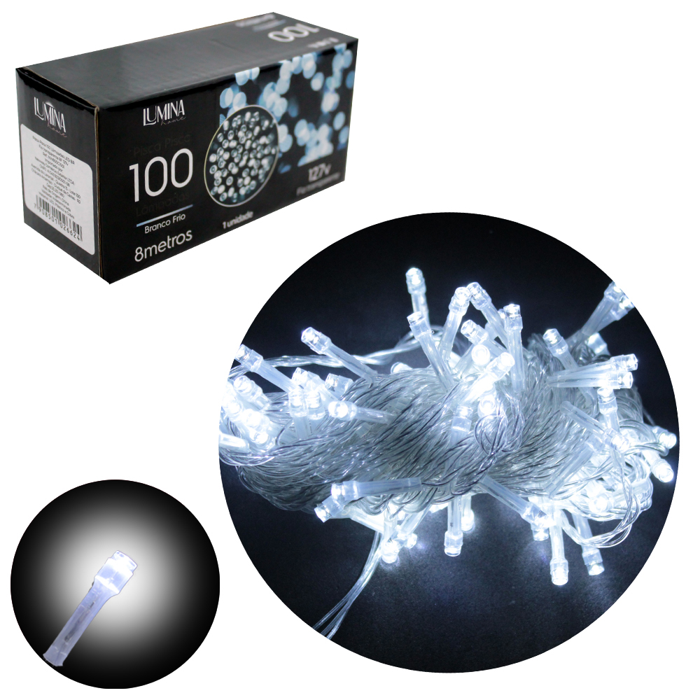PISCA 100 LEDS BRANCO FRIO 127V 60HZ 8 FUNCOES 8M FIO TRANSPARENTE LUMINA HOME
