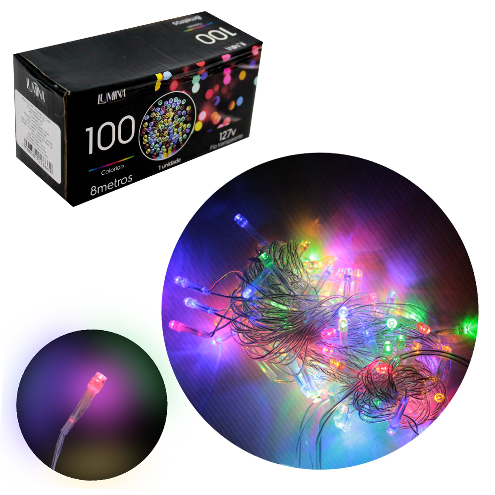 PISCA 100 LEDS COLORS 127V 60HZ 8 FUNCOES 8M FIO TRANSPARENTE LUMINA HOME