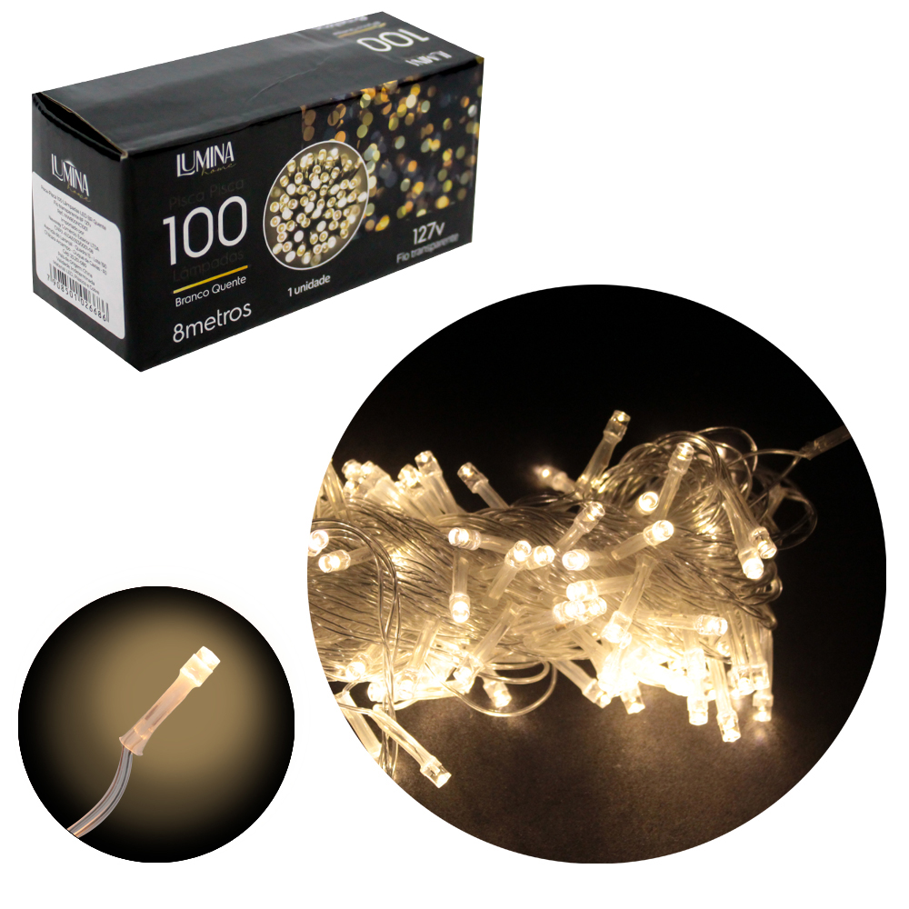 PISCA 100 LEDS BRANCO QUENTE 127V 60HZ 8 FUNCOES 8M FIO TRANSPARENTE LUMINA HOME