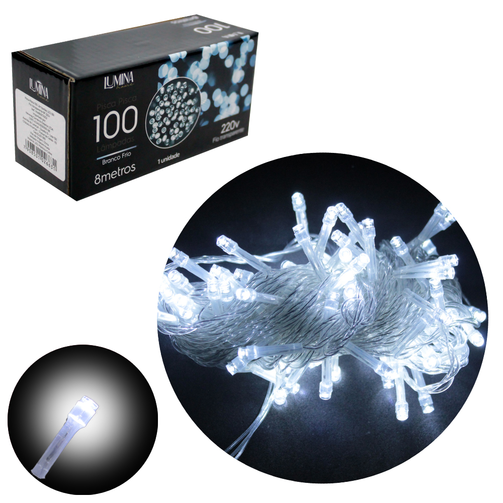 PISCA 100 LEDS BRANCO FRIO 220V 50HZ 8 FUNCOES 8M FIO TRANSPARENTE LUMINA HOME