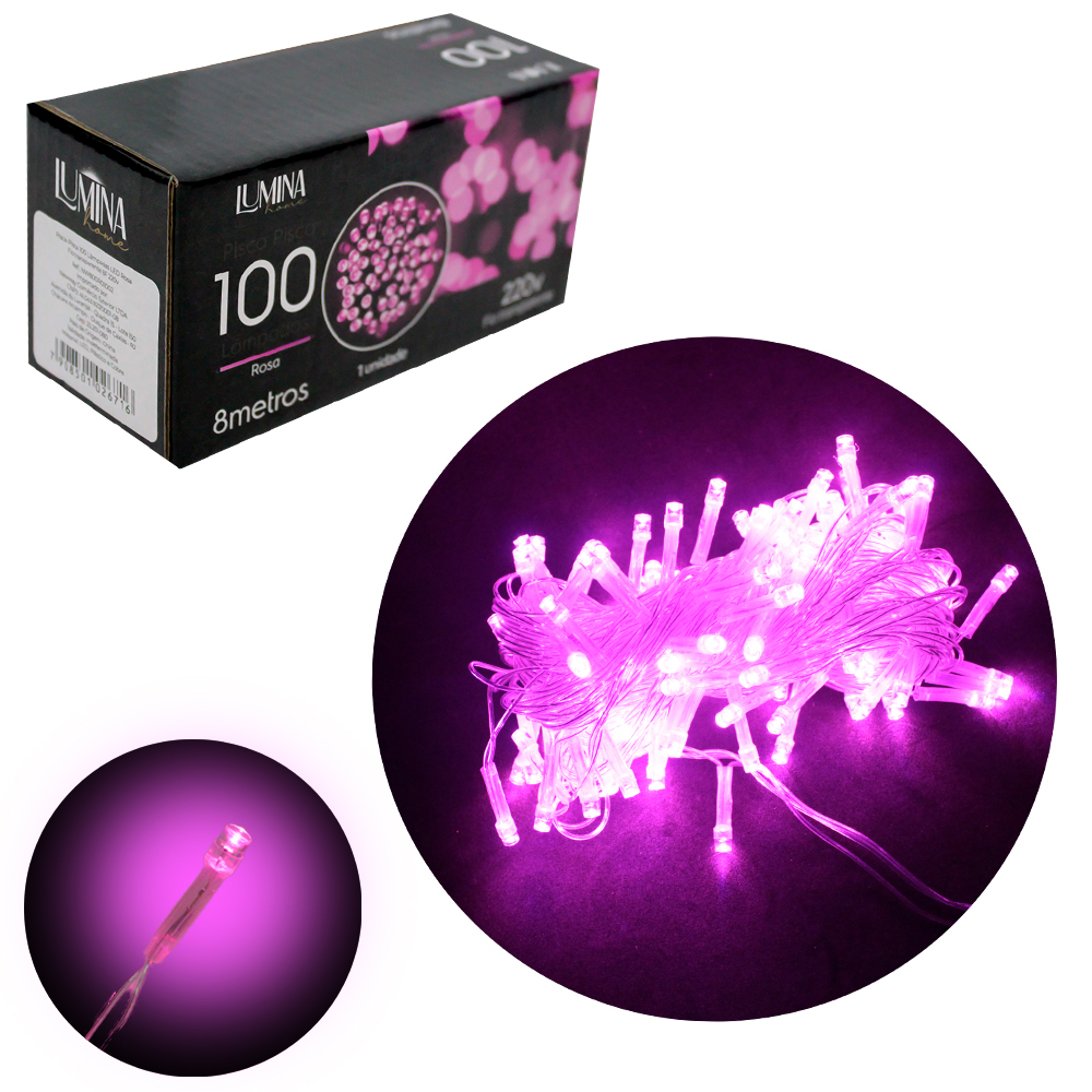 PISCA 100 LEDS ROSA 220V 50HZ 8 FUNCOES 8M FIO TRANSPARENTE LUMINA HOME