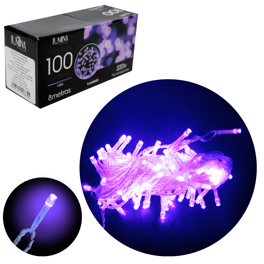 PISCA 100 LEDS LILAS 220V 50HZ 8 FUNCOES 8M FIO TRANSPARENTE LUMINA HOME