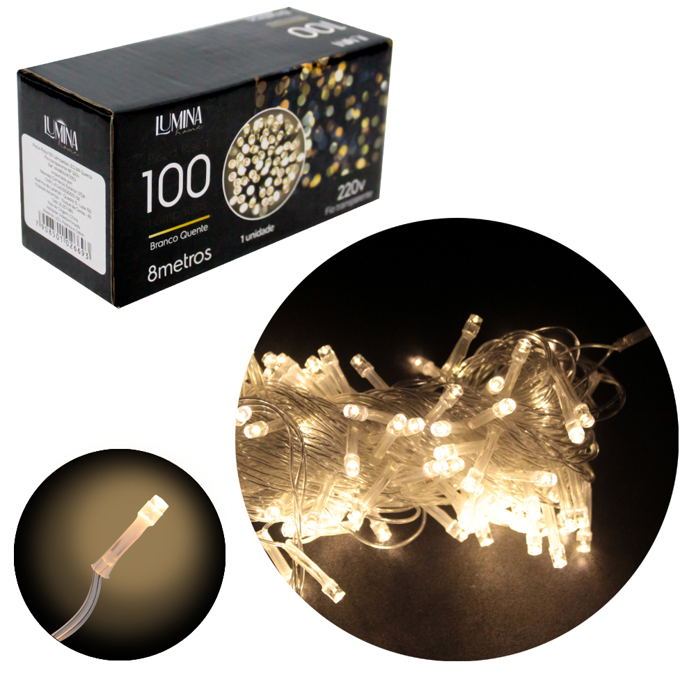 PISCA 100 LEDS BRANCO QUENTE 220V 50HZ 8 FUNCOES 8M FIO TRANSPARENTE LUMINA HOME