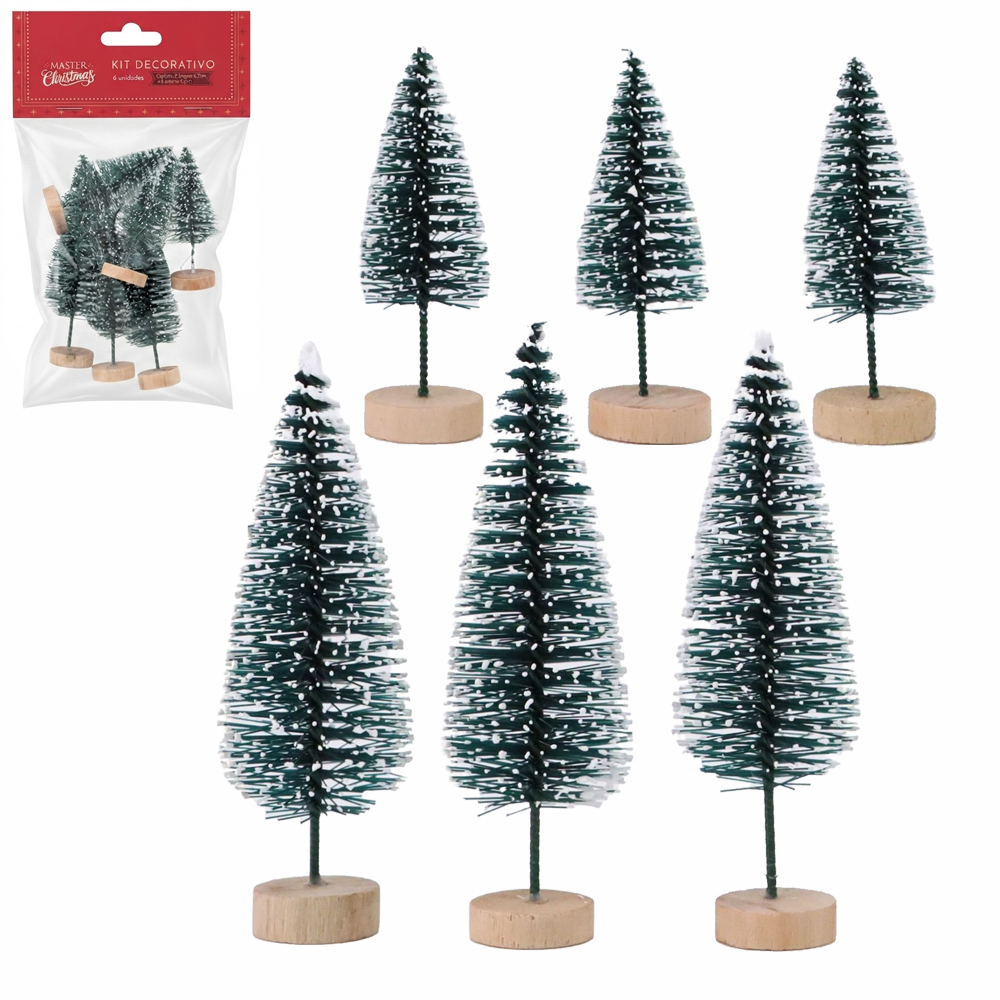 ENFEITE DE MESA MINI ARVORE NEVADA COM GLITTER COM BASE DE MADEIRA 6 PECAS 9,5X2CM DE Ø