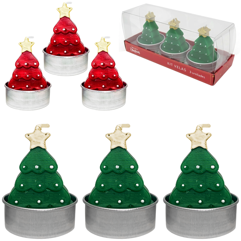 VELA DECORATIVA ARVORE DE NATAL COM 3 PECAS 5X4CM DE Ø