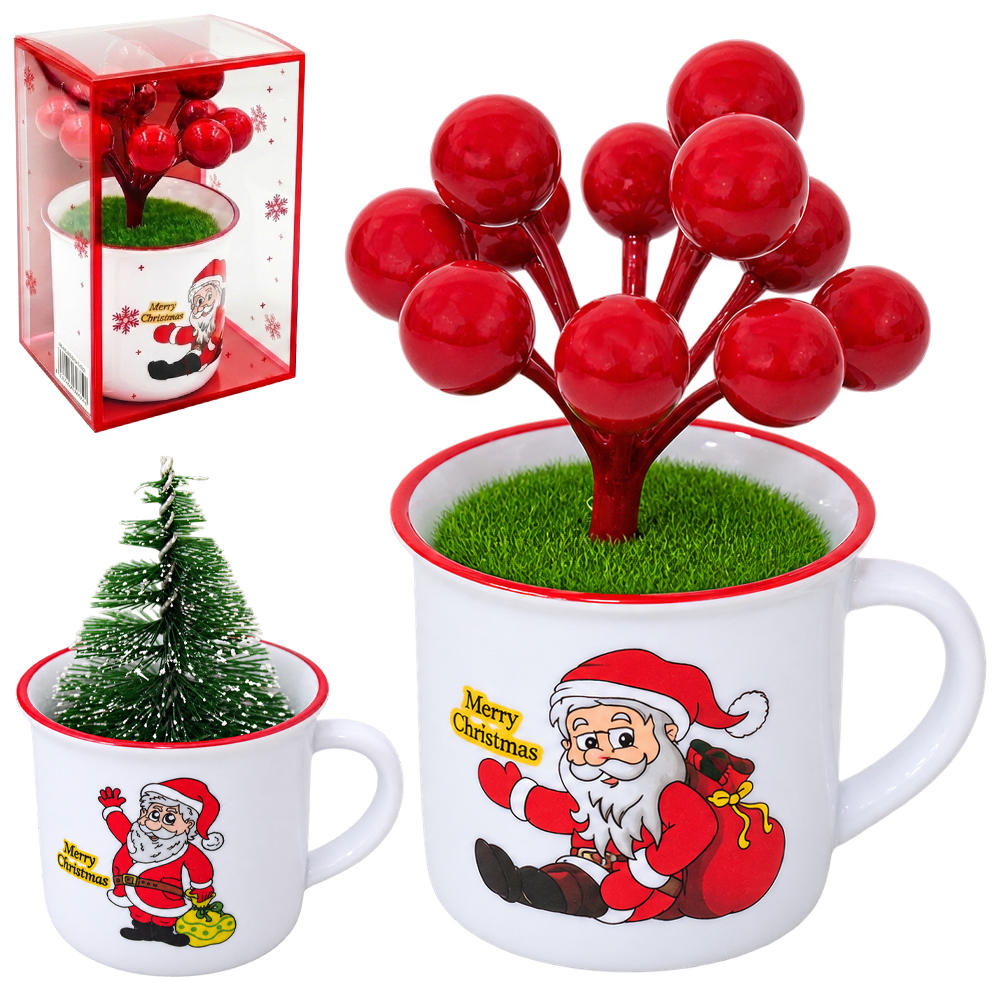 ENFEITE CANECA AGATA COM PINHEIRO / CEREJEIRA DE NATAL 10,5X6,7X5,8CM