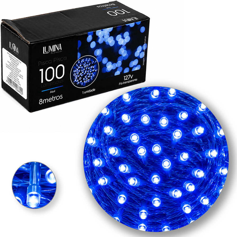 PISCA 100 LEDS AZUL 127V 60HZ 8 FUNCOES 8M FIO AZUL LUMINA HOME 