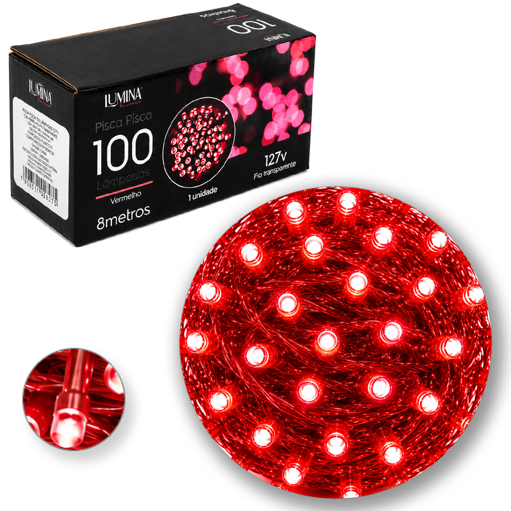 PISCA 100 LEDS VERMELHO 127V 60HZ 8 FUNCOES 8M FIO VERMELHO LUMINA HOME 