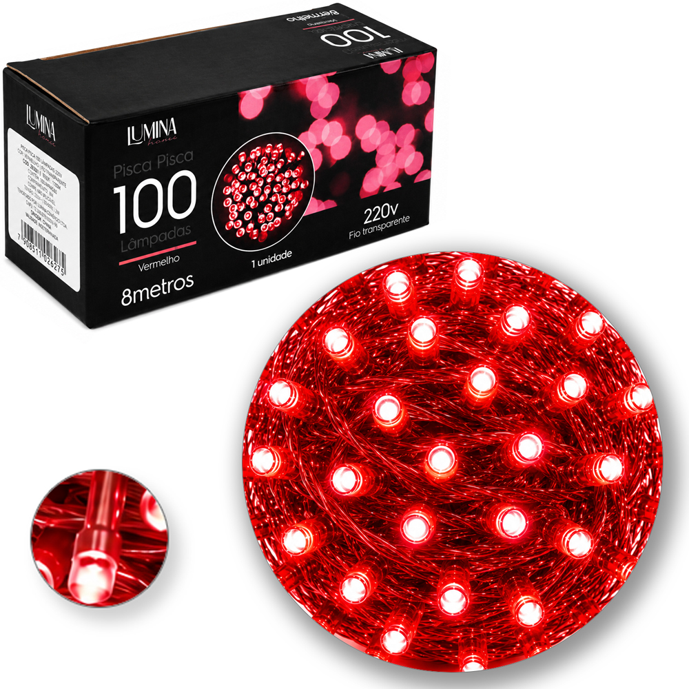 PISCA 100 LEDS VERMELHO 220V 50HZ 8 FUNCOES 8M FIO VERMELHO LUMINA HOME 