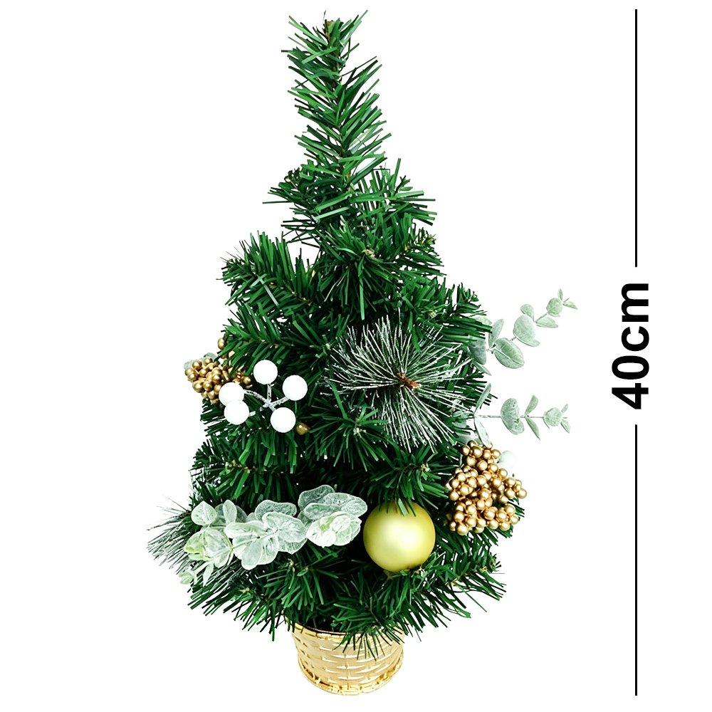 MINI ARVORE DE NATAL COM FOLHAS + FRUTOS E BOLAS PR 40CM