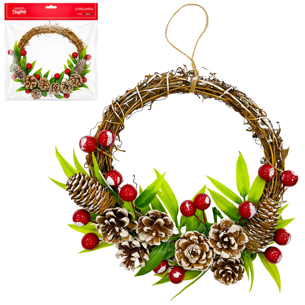 GUIRLANDA SISAL COM PINHAS + FRUTOS 25CM DE Ø 