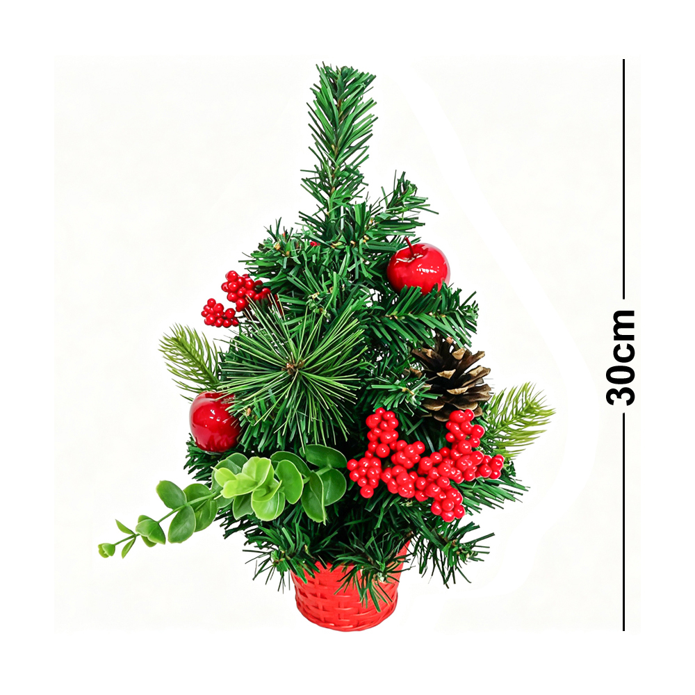MINI ARVORE DE NATAL COM FOLHAS + FRUTOS E BOLAS VM 30CM