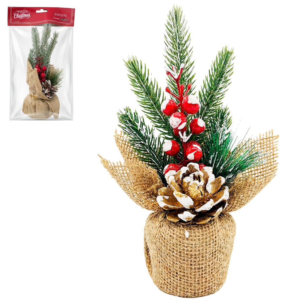 SACO DE RAFIA / ENFEITE DE MESA COM FRUTOS + PINHA 27X13CM