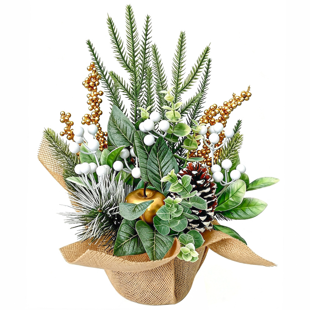 SACO DE RAFIA / ENFEITE DE MESA COM FOLHAS + FRUTOS BOLAS PR 30X16CM DE Ø