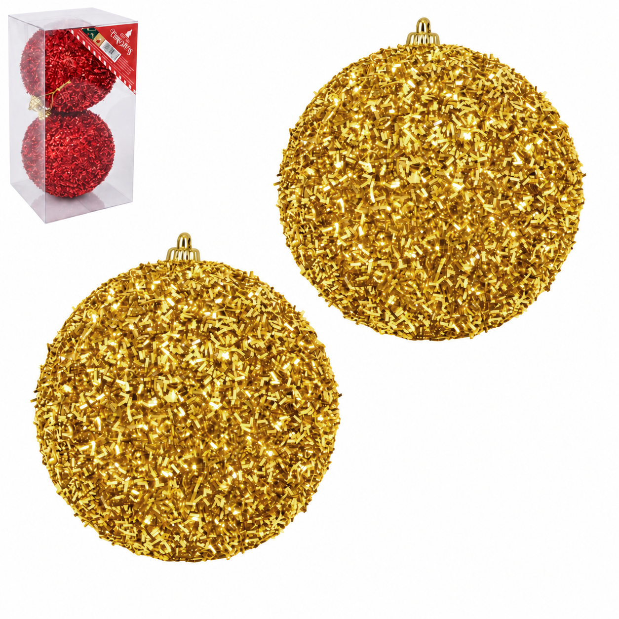 BOLA DE NATAL 10CM DE Ø DOURADA/VERMELHA FESTAO COM 2 PECAS NA CAIXA PVC