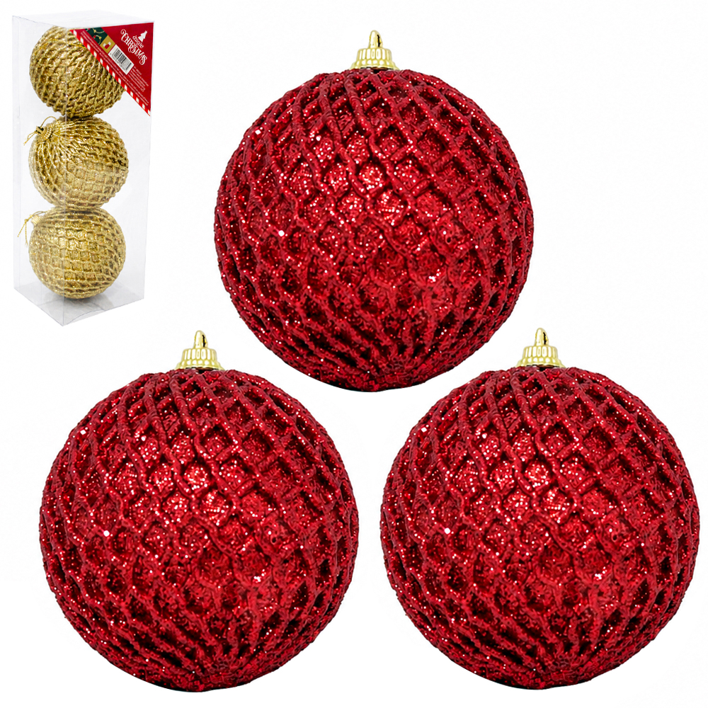 BOLA DE NATAL 8CM DE Ø DOURADA / VERMELHA BARBANTE COM 3 PECAS NA CAIXA PVC