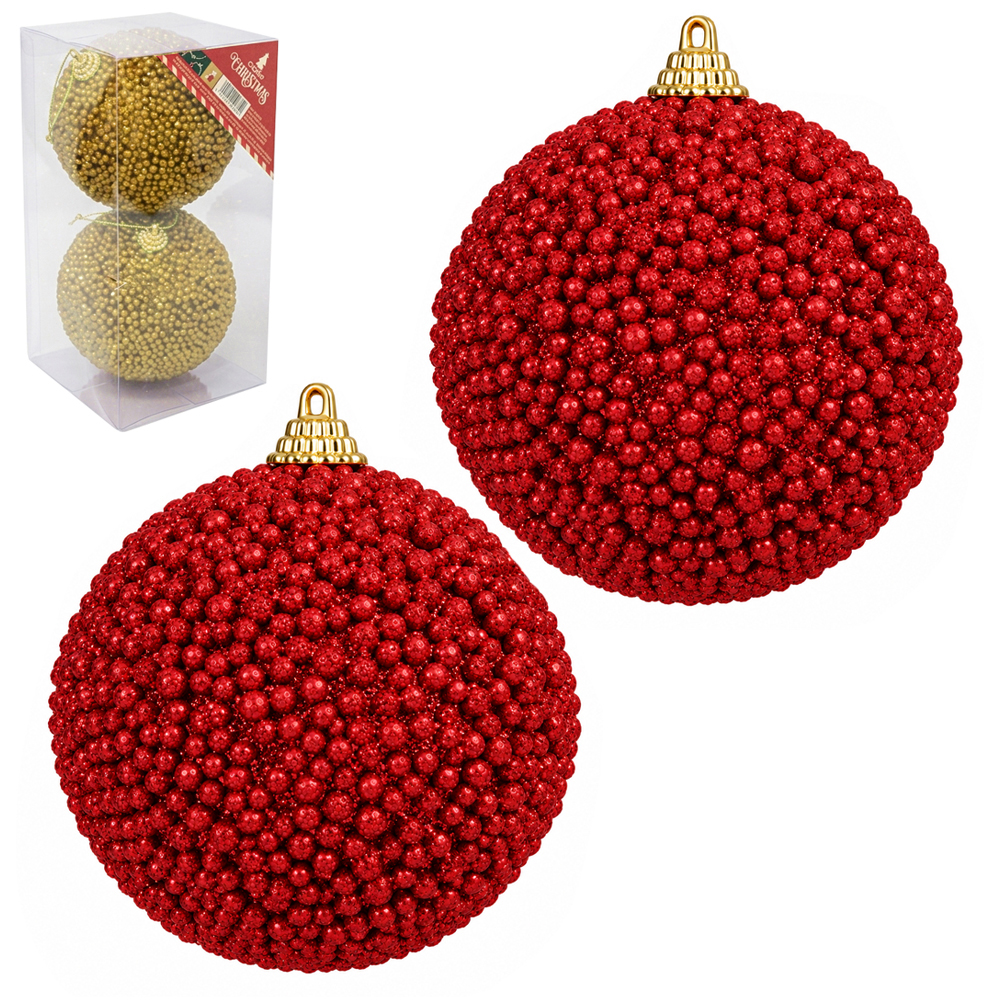 BOLA DE NATAL 10CM DE Ø DOURADA / VERMELHA GRANULADA COM 2 PECAS NA CAIXA PVC