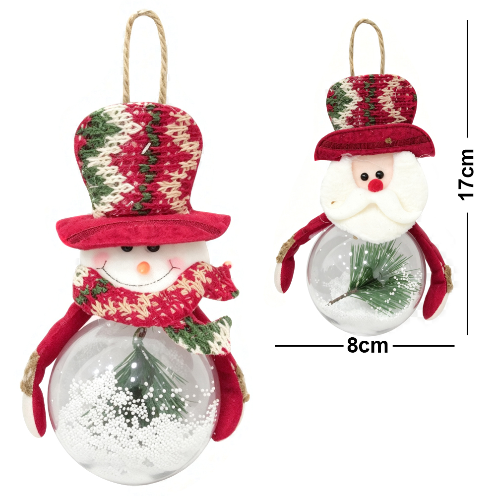 ENFEITE PENDURAR BOLA DE PLASTICO COM PAPAI NOEL / BONECO DE NEVE 17X8CM