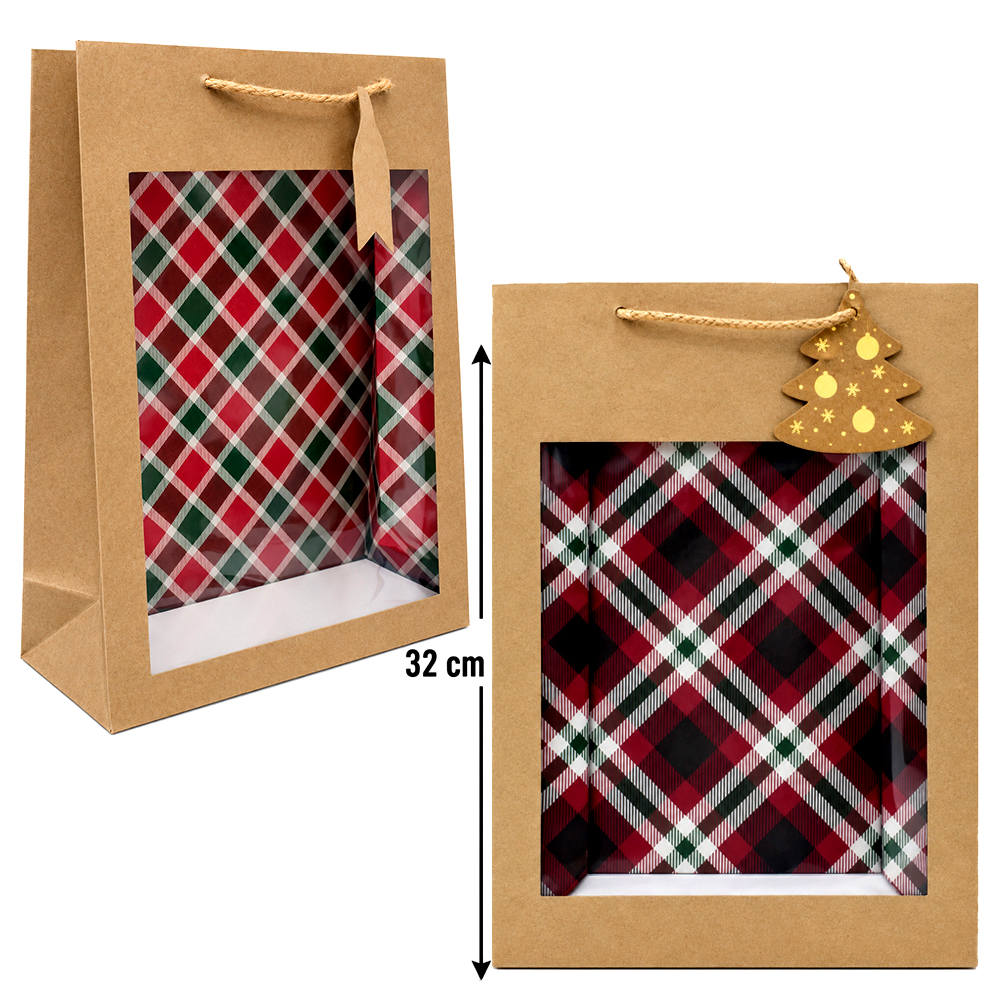 BOLSA SACOLA DE FIBRA DE CELULOSE PARA PRESENTE COM VISOR M 32X26X12CM