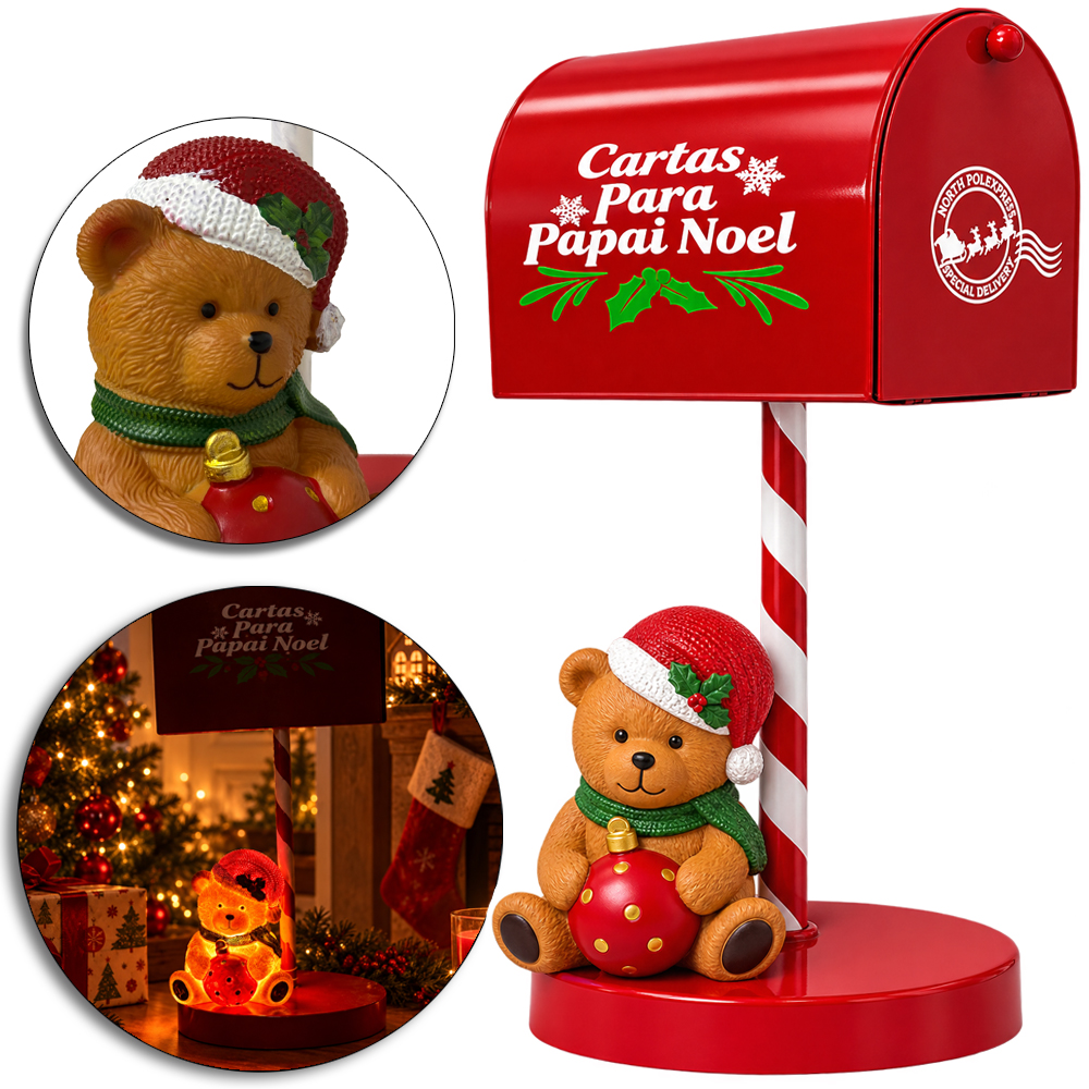 ENFEITE URSO CAIXA POSTAL DE METAL CARTAS PARA PAPAI NOEL COM LED BRANCO QUENTE A PILHA 33X15X10CM