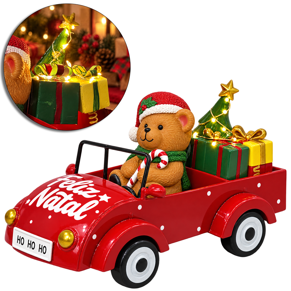 ENFEITE CARRO DE METAL FELIZ NATAL COM URSO + CAIXA DE PRESENTE E 15 MICRO LED BRANCO QUENTE A PILHA