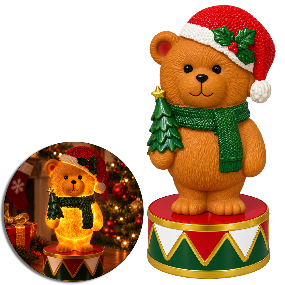 ENFEITE URSO EM PE NO TAMBOR COM LED BRANCO QUENTE A PILHA 21,5X10CM DE Ø