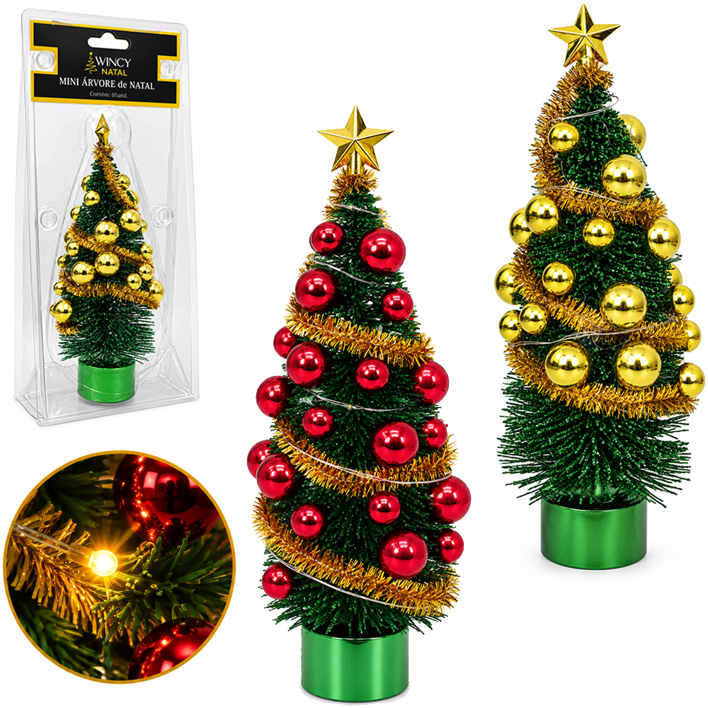 MINI ARVORE DE NATAL COM FESTAO + BOLAS E MICRO LED A BATERIA 18CM