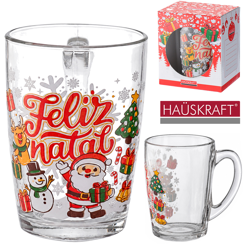 CANECA XICARA DE NATAL DE VIDRO HAUSKRAFT 350ML 