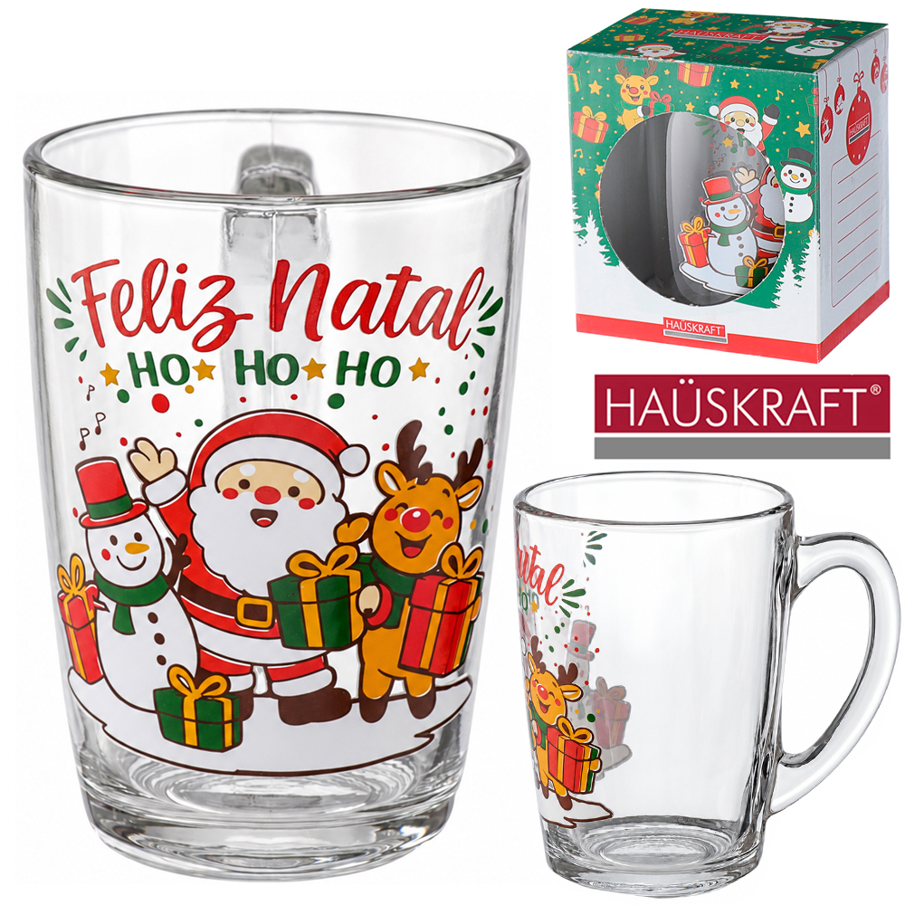 CANECA XICARA DE NATAL DE VIDRO HO HO HO HAUSKRAFT 350ML