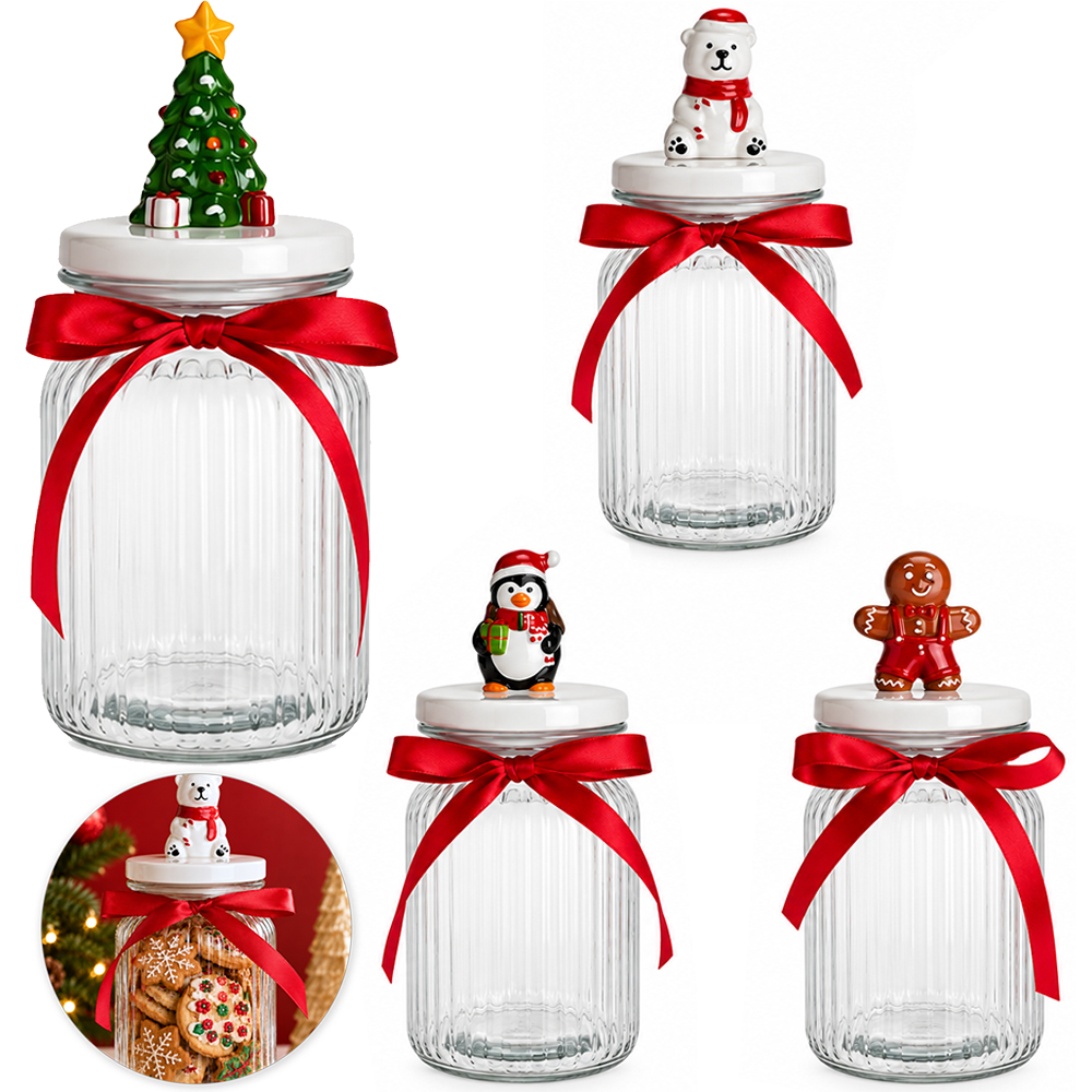 POTE DE VIDRO DE NATAL REDONDO CANELADO COM TAMPA HERMETICA DE PORCELANA 950ML 