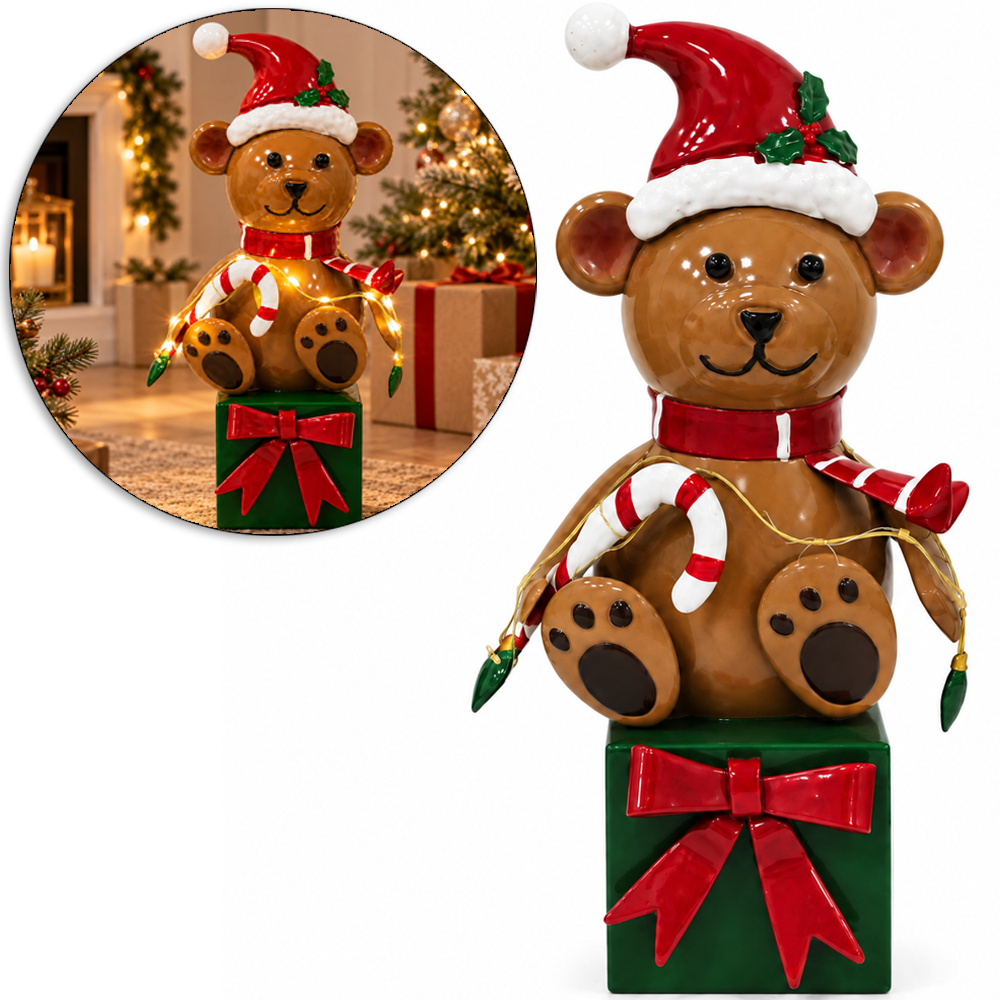 ENFEITE DE METAL CAIXA DE PRESENTE URSO COM MICRO LED PREMIUM A PILHA 31,5X12X11CM