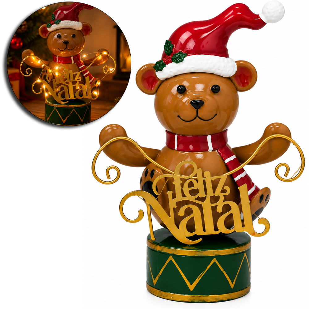 ENFEITE DE METAL TAMBOR URSO FELIZ NATAL COM MICRO LED PREMIUM A PILHA 28X18X12CM