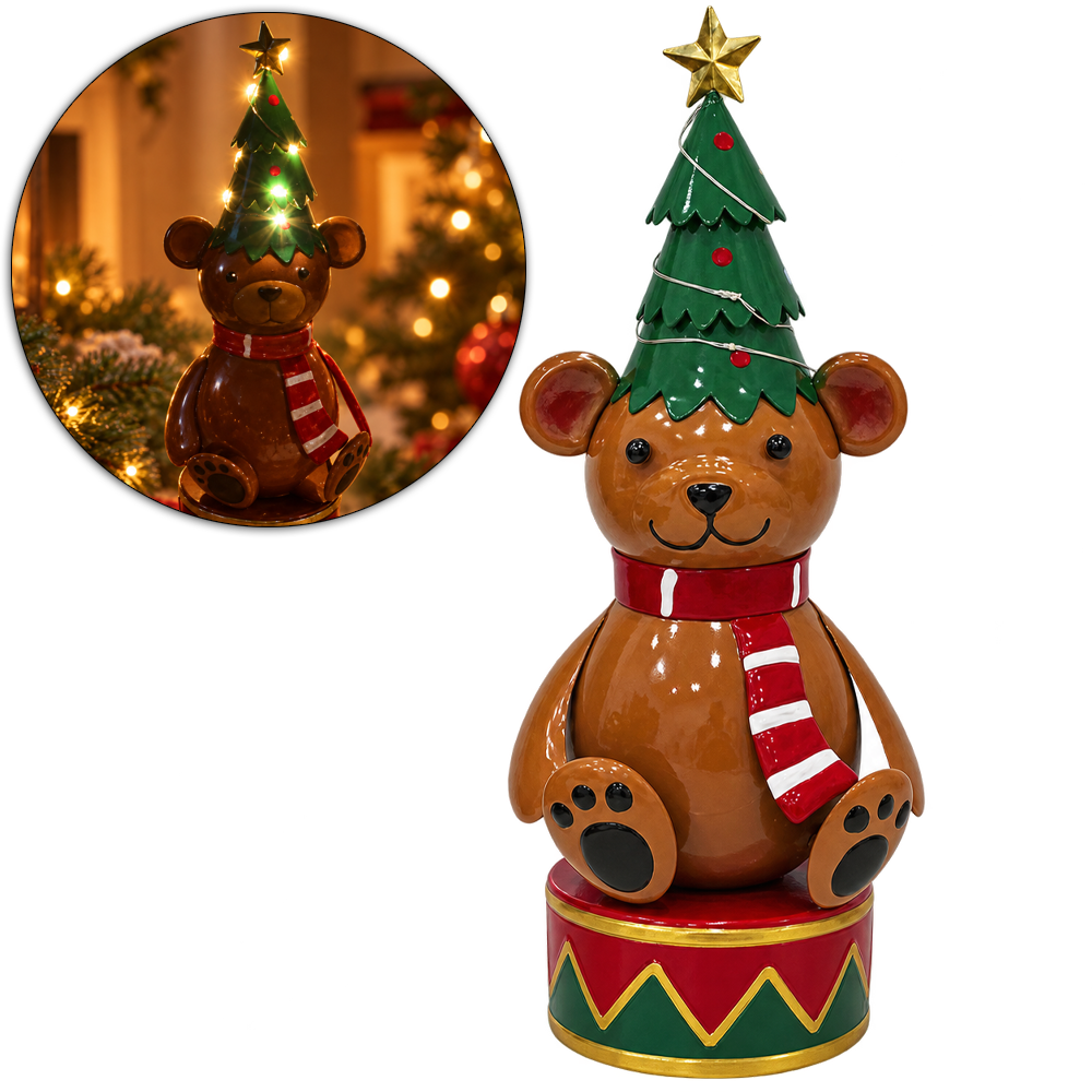 ENFEITE DE METAL TAMBOR URSO ARVORE COM MICRO LED PREMIUM A PILHA 34X11CM DE Ø