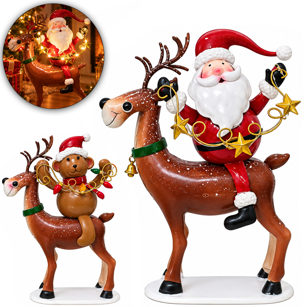 ENFEITE DE METAL RENA COM PAPAI NOEL / URSO COM MICRO LED PREMIUM A PILHA 35X24X10CM