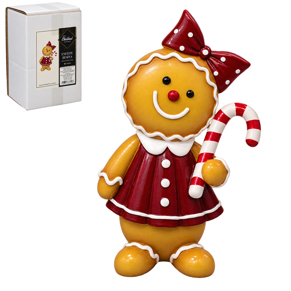 ENFEITE BISCOITO DE GENGIBRE COM LACO + BENGALA DE RESINA PREMIUM 20X12X6,5CM