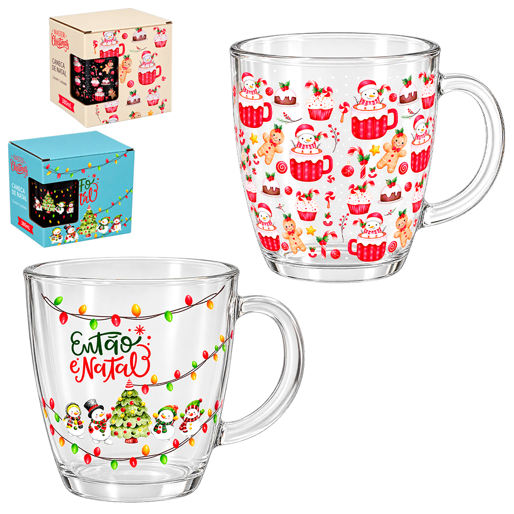CANECA XICARA DE NATAL DE VIDRO 380ML