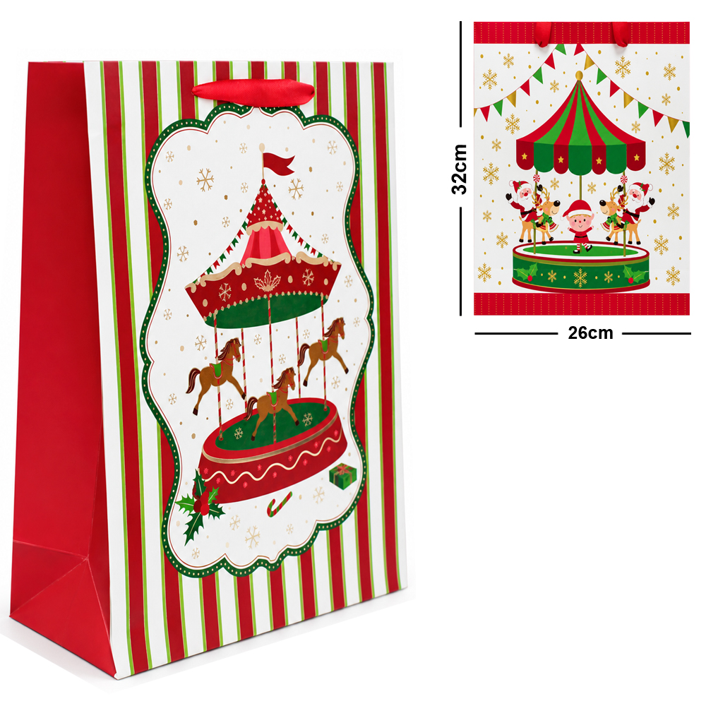 BOLSA SACOLA DE PAPEL PARA PRESENTE CIRCO NATAL 32X26X10CM