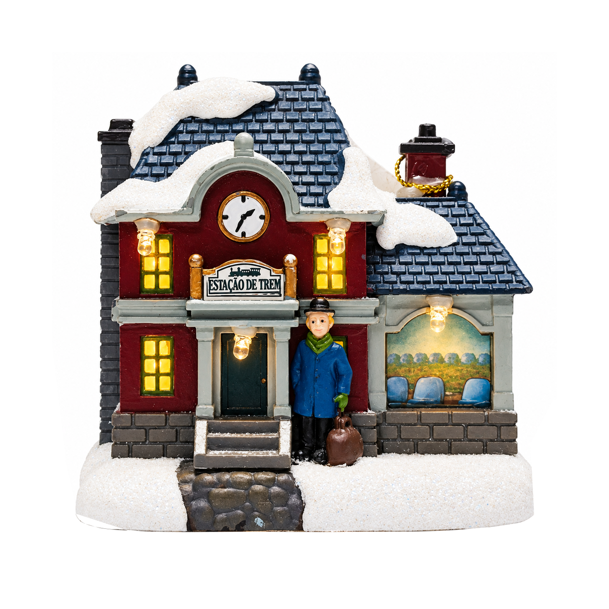ENFEITE LUMINOSO ESTACAO DE TREM COM GLITTER + 4 LEDS A PILHA 10X9,5X6,5CM