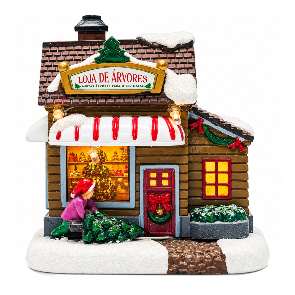 ENFEITE LUMINOSO LOJA DE ARVORES A VENDA COM GLITTER + 3 LEDS A PILHA 10X9,5X6,5CM