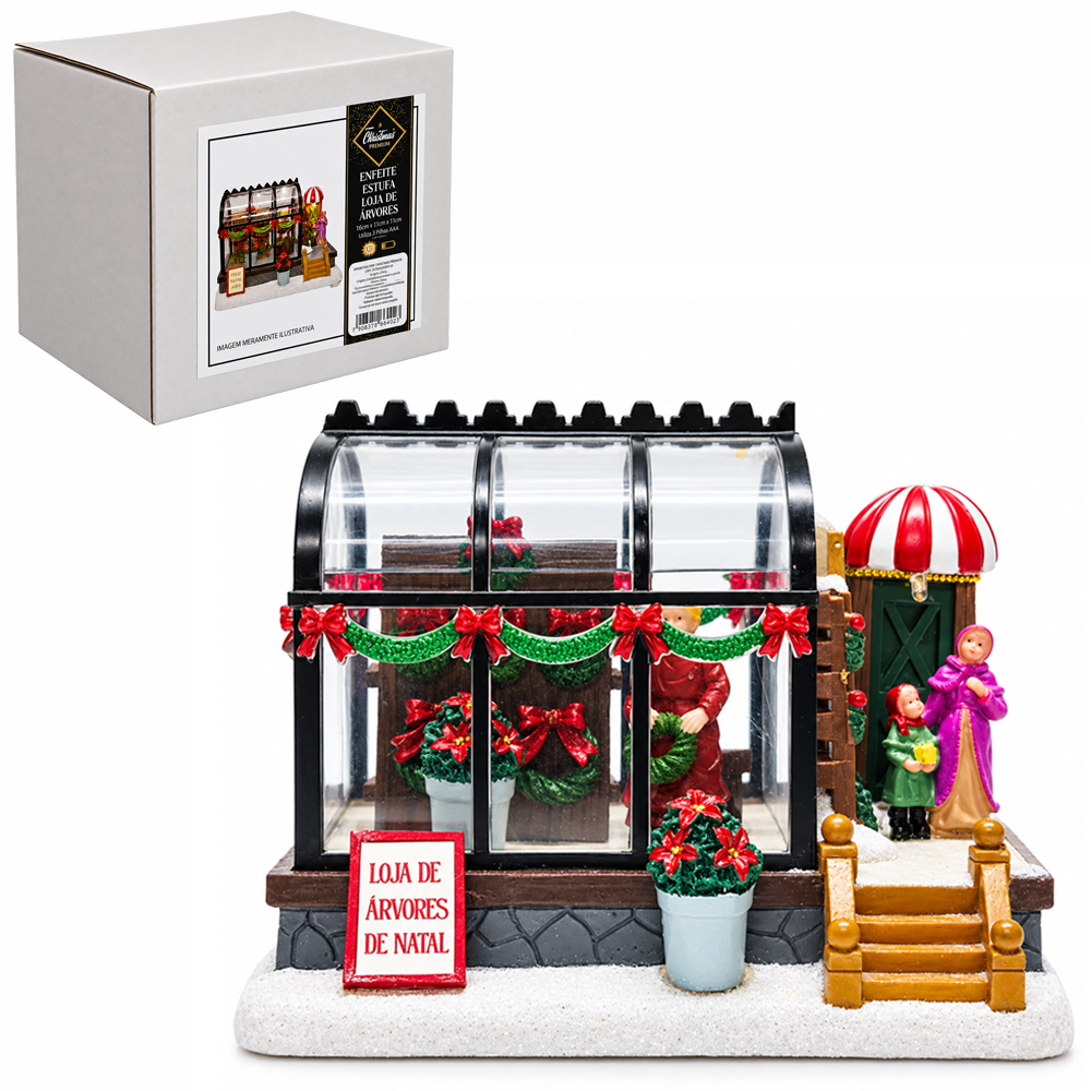 ENFEITE LUMINOSO ESTUFA LOJA DE ARVORES A VENDA COM GLITTER + 3 LEDS A PILHA 15X11X11CM