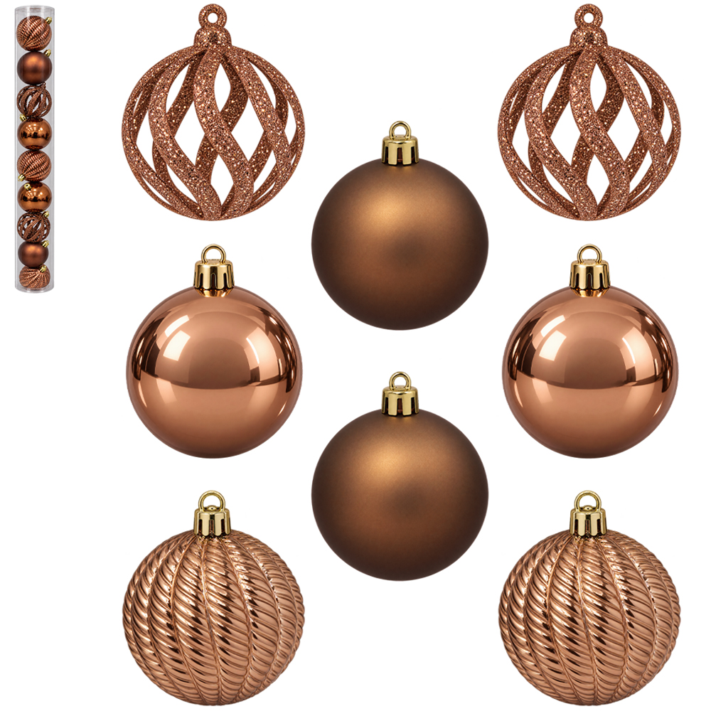BOLA DE NATAL 6CM DE Ø COBRE MISTA 3D FOSCA / LISA / VAZADA COM GLITTER 9 PECAS NO TUBO 