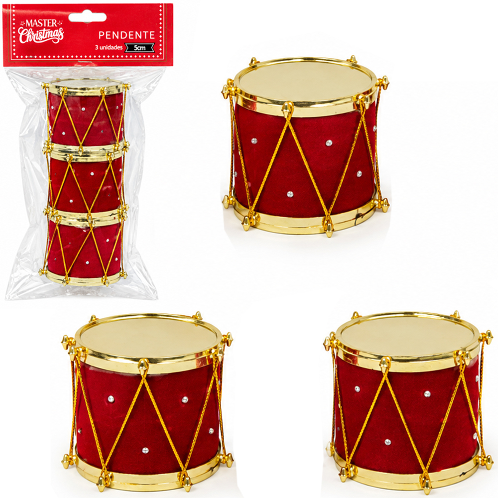 PENDENTE TAMBOR VELUDO VERMELHO COM STRASS 3 PECAS 5X5CM DE Ø