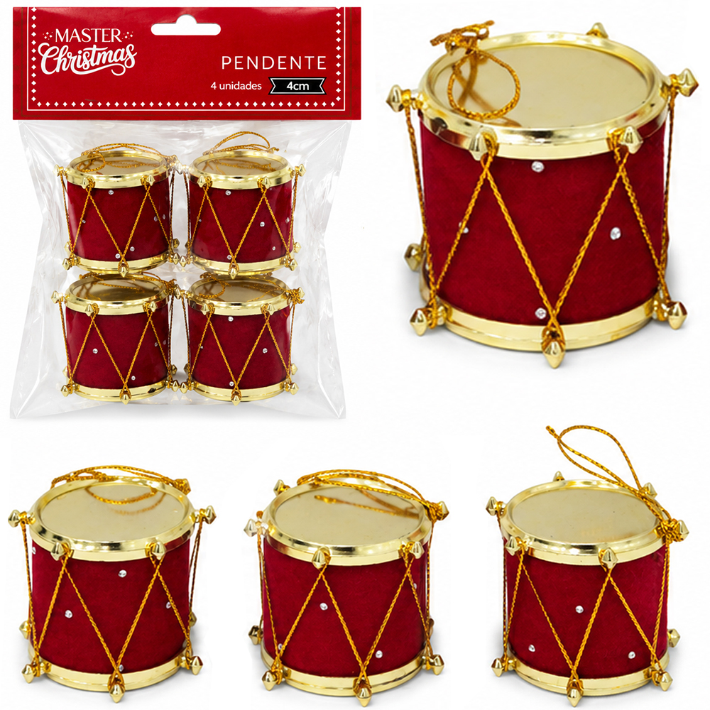 PENDENTE TAMBOR VELUDO VERMELHO COM STRASS 4 PECAS 3,5X4CM DE Ø